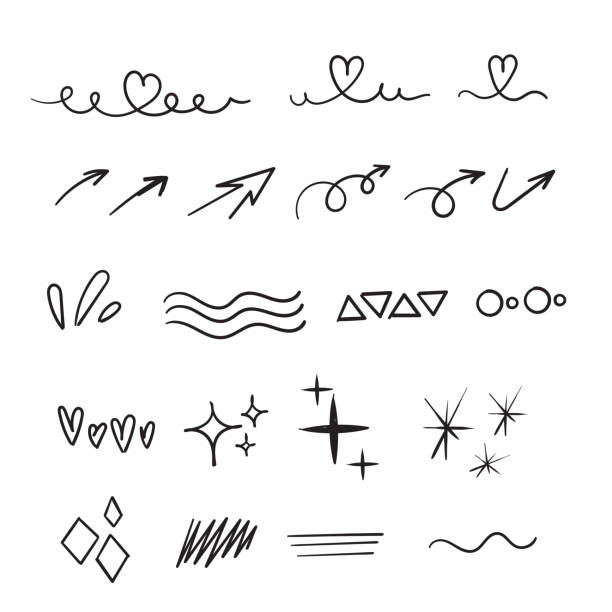 hand drawn Set of doodle elements. Black and white linear pattern. Sketch style vector collection. cartoon style vector isolated hand drawn Set of doodle elements. Black and white linear pattern. Sketch style vector collection. cartoon style vector isolated doodle stock illustrations