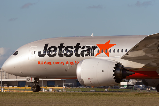 Melbourne, Australia - June 23, 2015: Jetstar airways Boeing 787-8 Dreamliner aircraft on the runway at Melbourne International Airport.