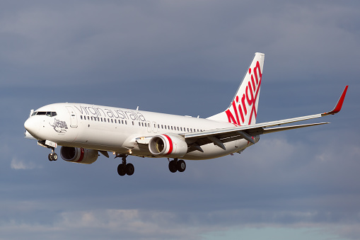 Melbourne, Australia - June 23, 2015: Virgin Australia Airlines Boeing 737-800 airliner on approach to land at Melbourne Airport.