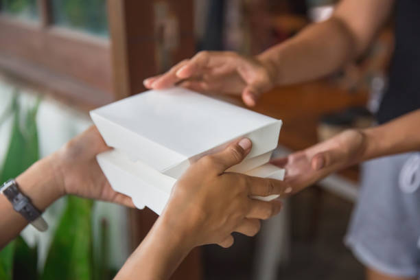 volunteer delivering food to elderly - lunch box box old green imagens e fotografias de stock