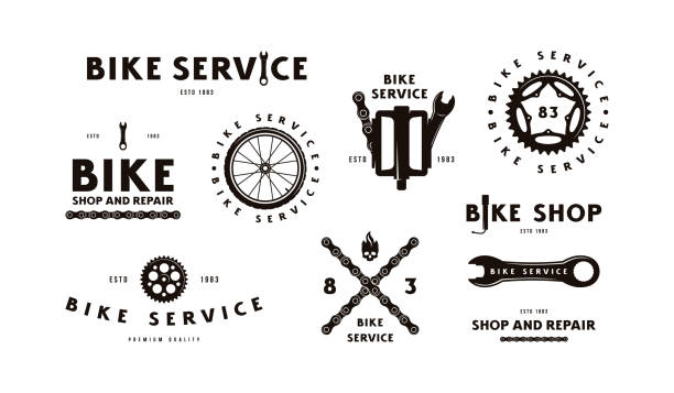 자전거 가게 배지 및 라벨 세트 - bicycle chain chain gear bicycle stock illustrations