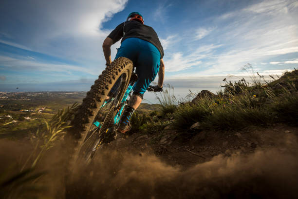 Male athlete mountain biking in Portugal. Fit man riding his mountain bike on trail in Portugal. mountain biking photos stock pictures, royalty-free photos & images