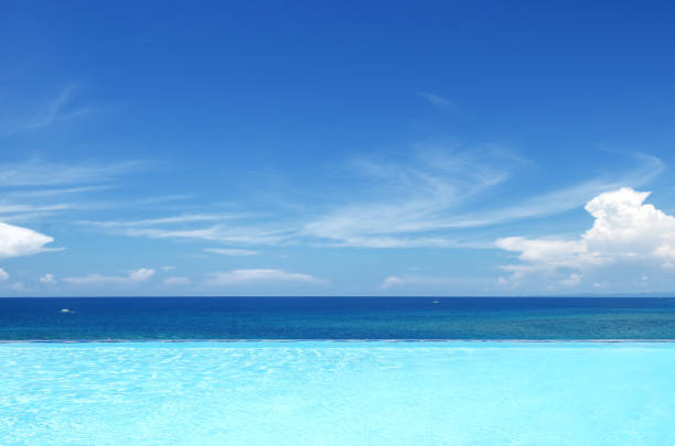 istock Infinity pool with tropical ocean and clear sky background 1217723293