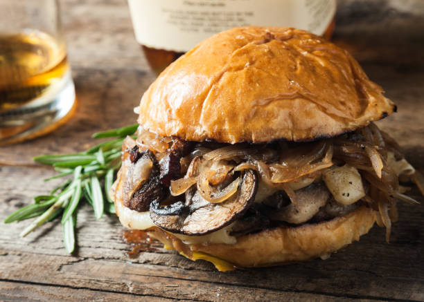 Burger with mushrooms, fried onions and cheese