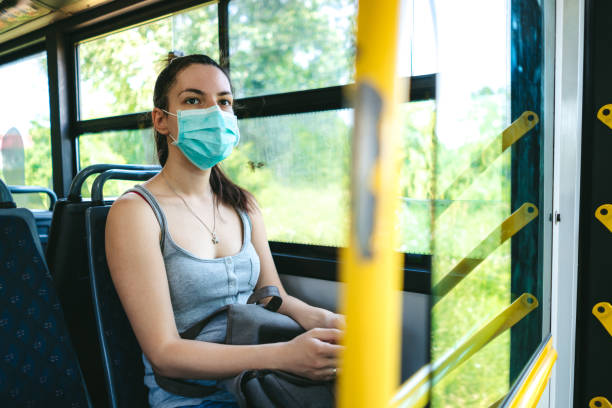istock Woman in bus wearing face mask 1217725727