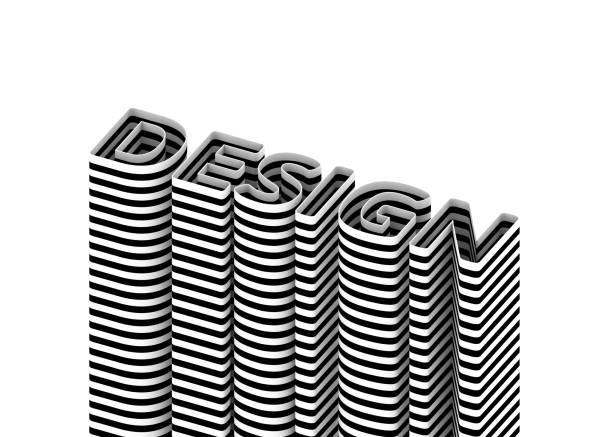 3D word DESIGN in black and white stripes, isolated. 3D rendering. Raster.