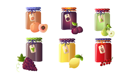 Collection set of different jams in glass jars with peach, plum, pear, lemon, currant, grape. Isolated icons set illustration on a white background in cartoon style.