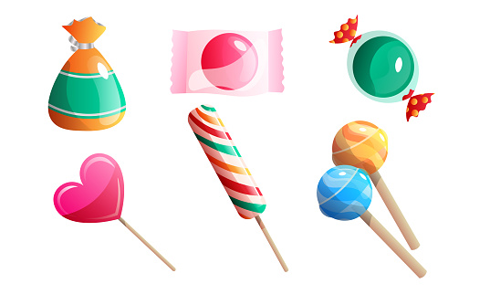 Collection set of sweet, delicious chocolates in a multi-colored wrapper in different shapes. Isolated icons set illustration on a white background in cartoon style.