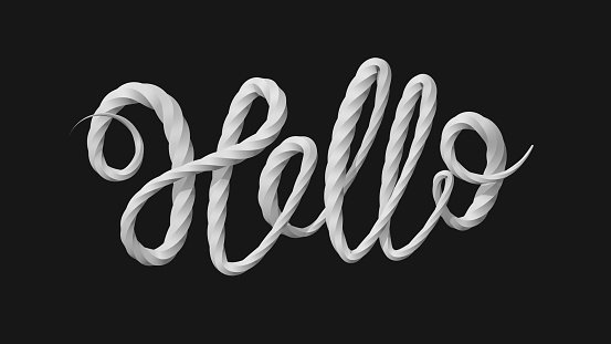 Handwritten word Hello on a black background. 3D rendering. Raster.