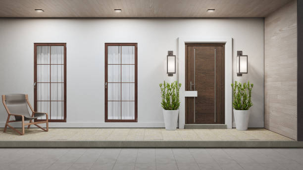 новый дом с деревянной дверью и пустыми белыми вывесками. - door facade house front view стоковые фото и изображения