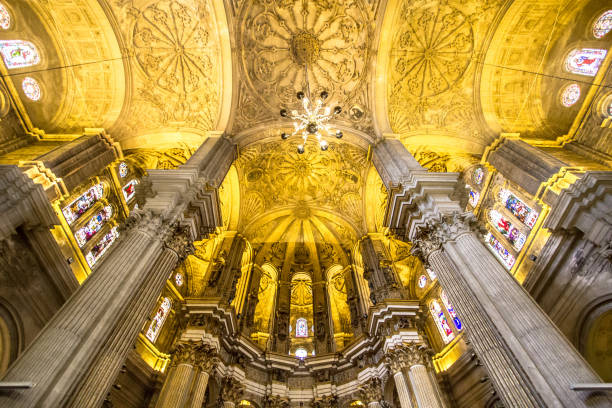View of the beautiful, illuminated ceiling of the Cathedral in Malaga, Andalucia, Spain