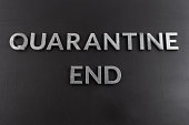 the words quarantine end laid with silver metal letters on matte back flat surface directly above in flat lay perspective