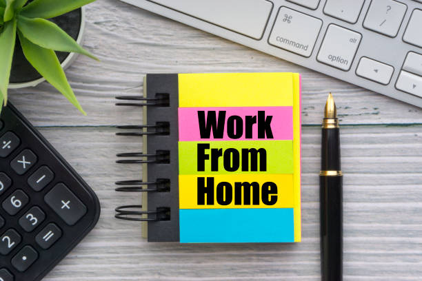 istock WORK FROM HOME text with decorative flower, calculator, fountain pen, keyboard and notepad on wooden background 1217732514