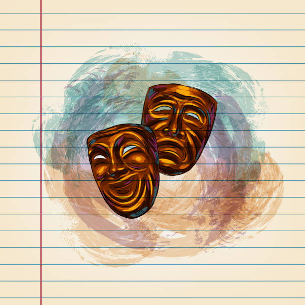 Theater Masks Drawing on Ruled Paper Drawing of Theater Masks in watercolour style on ruled paper. Elements are grouped.contains eps10 and high resolution jpeg. ruled stock illustrations