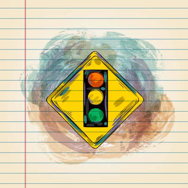 Vector illustration of Traffic Signals Drawing on Ruled Paper