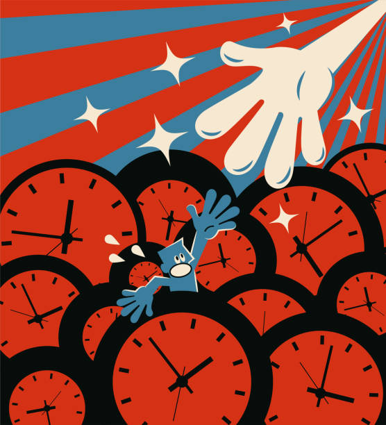 The time pressure concept, businessman almost drowning in lots of clocks gets help from a big hand Business Blue Little Guy Characters Vector Art Illustration.
The time pressure concept, businessman almost drowning in lots of clocks gets help from a big hand. its almost time stock illustrations