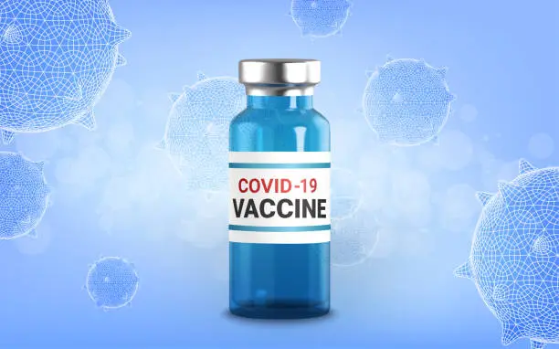 Vector illustration of Realistic 3d glass ampoules with medicine. Vaccine injection. corona virus infection, novel coronavirus disease 2019, COVID-19,nCoV 2019. Vector illustration.