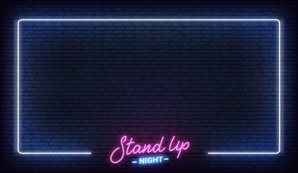 Stand up comedy show neon template. Stand up lettering and glowing neon border frame Stand up comedy show neon template. Stand up lettering and glowing neon border frame. microphone borders stock illustrations
