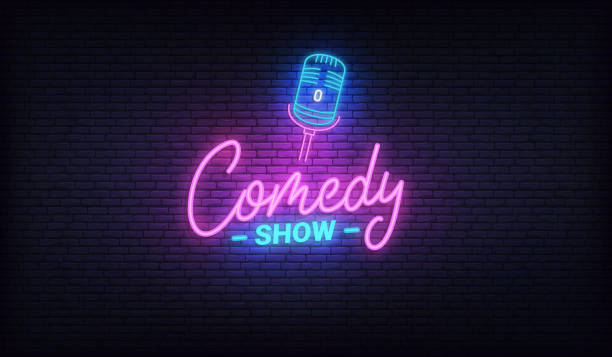 Comedy show neon template. Comedy lettering and glowing neon microphone Comedy show neon template. Comedy lettering and glowing neon microphone. performance stock illustrations