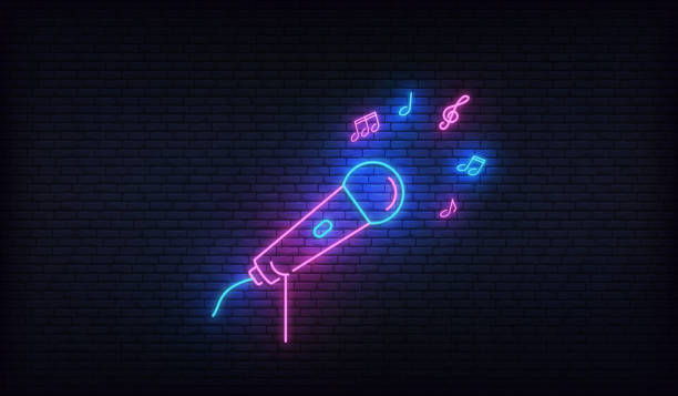 Neon microphone with music notes. Template for karaoke, live music, talent show Neon microphone with music notes. Template for karaoke, live music, talent show. neon music notes stock illustrations