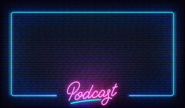 Podcast neon background. Glowing podcast lettering sign template Podcast neon background. Glowing podcast lettering sign template. radio borders stock illustrations