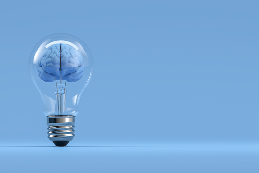 3d rendering of brain inside the light bulb, Creative Idea concept. Brainstorming.