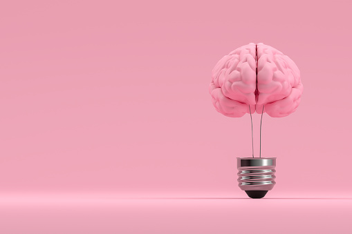 3d rendering of brain inside the light bulb, Creative Idea concept. Brainstorming.