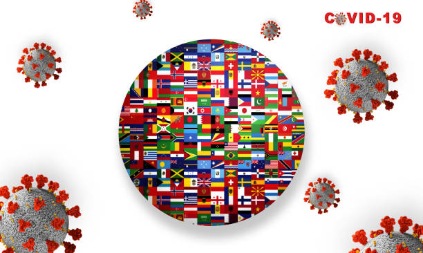 istock corona virus COVID-19 microscopic virus corona virus disease 3d illustration globe with all country flags world 1217739219