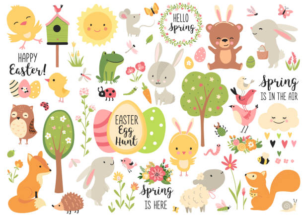 Spring and Easter collection of cute animals, Spring and Easter collection of cute animals, flowers and decorations. Perfect for poster, card, scrapbooking , tag, invitation, sticker kit. Hand drawn vector illustration. cute frog stock illustrations