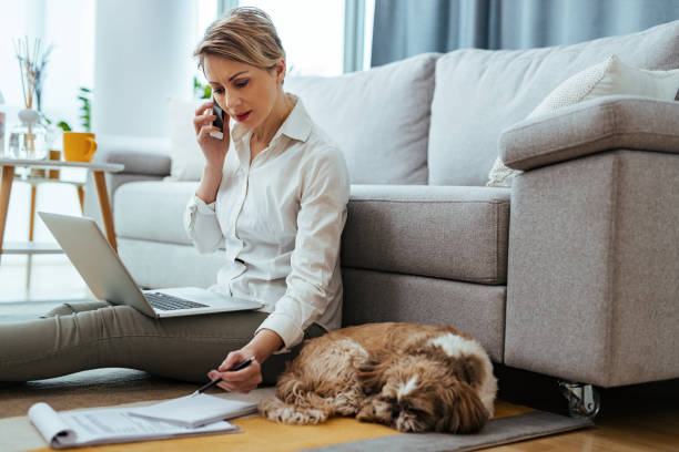 Businesswoman talking on the phone while working at home.