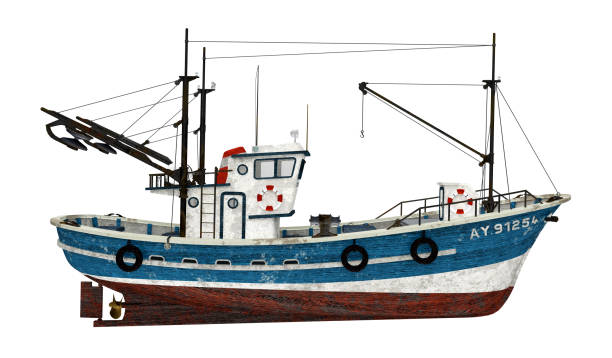 chalutier de pêche isolé sur le fond blanc - trawler photos et images de collection