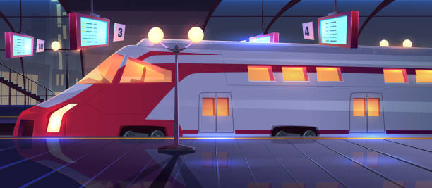 ilustraciones, imágenes clip art, dibujos animados e iconos de stock de estación de tren con tren de alta velocidad por la noche - urban scene railroad track train futuristic