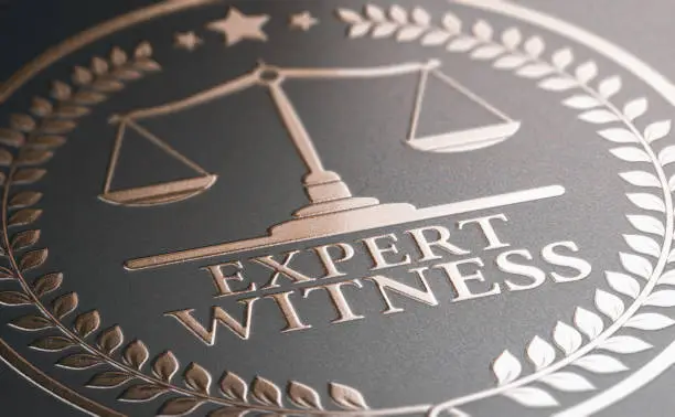 3D illustration of a golden stamp where it is written the text expert witness. Legal expertise.