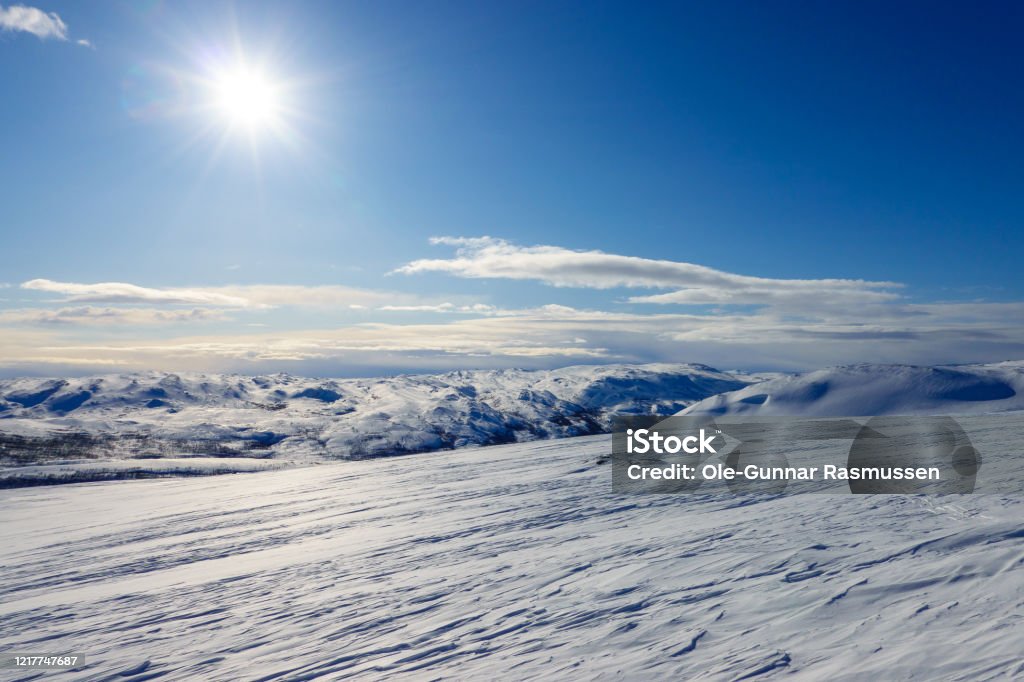 Winter landscape. Winter in the mountains in northern Norway Blue Stock Photo