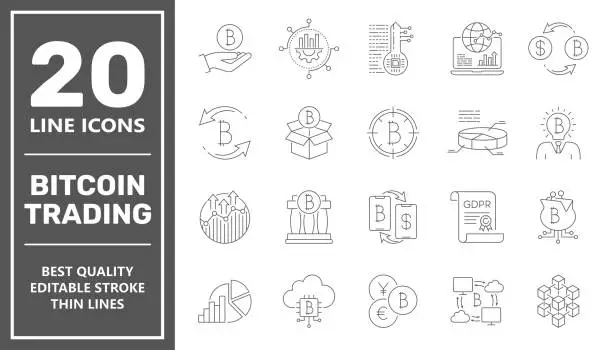 Vector illustration of Bitcoin trading icons. Digital money, bitcoin vector line icons, minimal pictogram design, Editable Stroke. EPS 10.