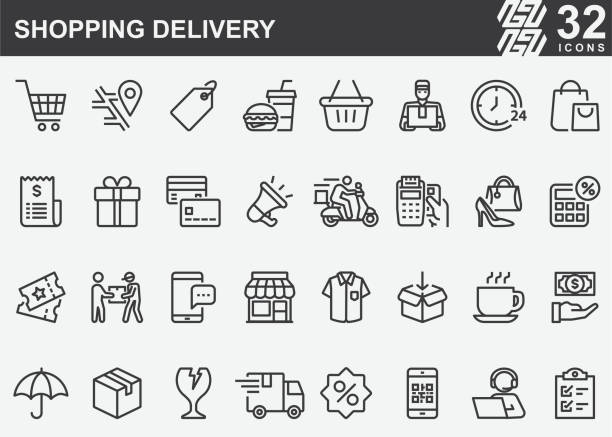 shopping delivery line icons - distribution warehouse stock-grafiken, -clipart, -cartoons und -symbole