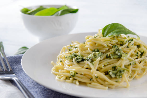 istock 1 plate of pasta, spaghetti with spinach, fork on a white background close-up 1217751434