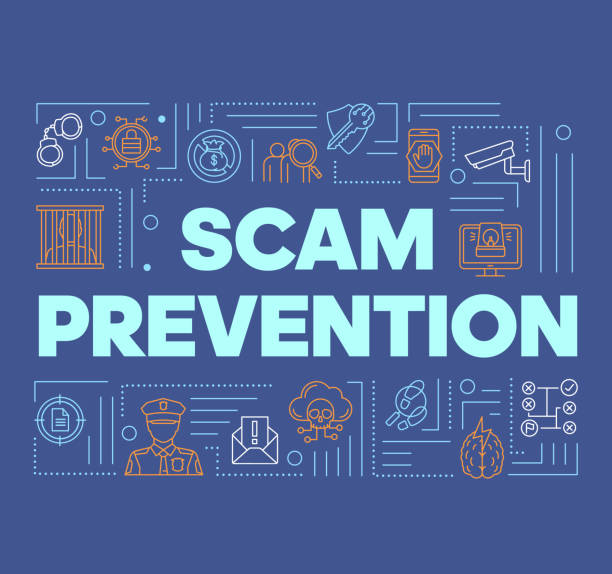 Scam prevention blue word concepts banner. Fraud protection presentation, website. Stopping illegal actions. Isolated lettering typography idea with linear icons. Vector outline illustration Scam prevention blue word concepts banner. Fraud protection presentation, website. Stopping illegal actions. Isolated lettering typography idea with linear icons. Vector outline illustration white collar crime handcuffs stock illustrations