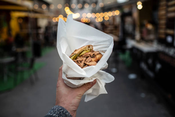Polish street food called „maczanka”. Tasty, hot pork sandwich.