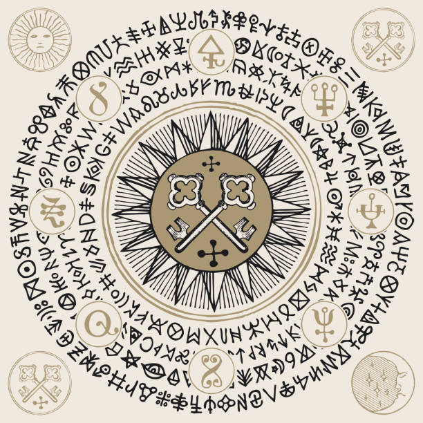 okkultes banner mit vintage-schlüsseln und magischen runen - ethereal spirituality concepts ancient stock-grafiken, -clipart, -cartoons und -symbole