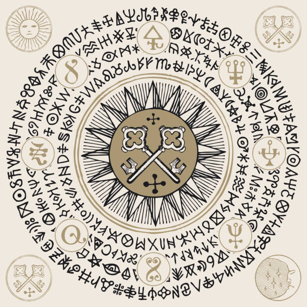 baner okultystyczny z kluczami vintage i magicznymi runami - ethereal spirituality concepts ancient stock illustrations
