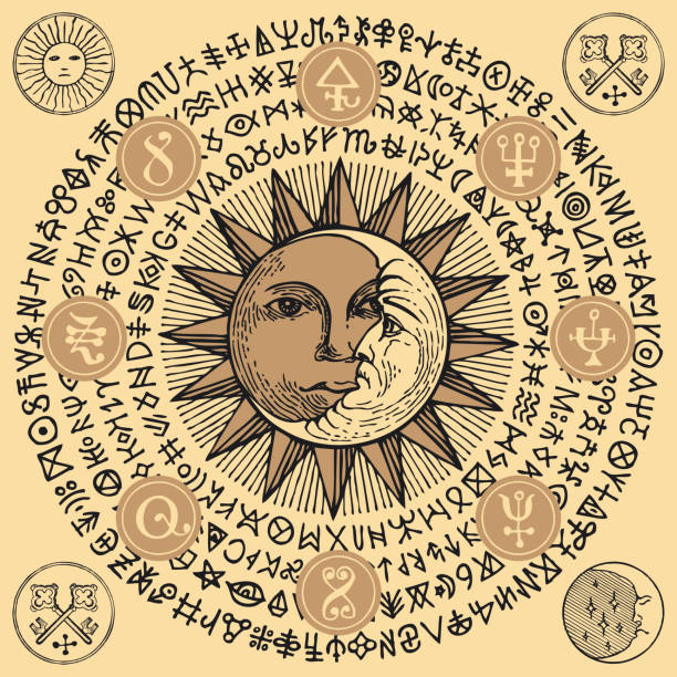 hand-drawn banner with the sun and crescent moon Vector illustration with Sun, crescent Moon and alchemical symbols in retro style on the beige background. Hand-drawn banner with esoteric signs and magic runes written in a circle runes stock illustrations