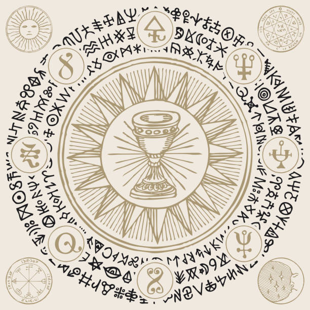 ilustrações, clipart, desenhos animados e ícones de banner vetorial com graal e símbolos esotéricos - grail