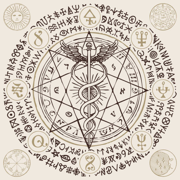 baner z personelem hermesa, caduceus i runami - ethereal spirituality concepts ancient stock illustrations