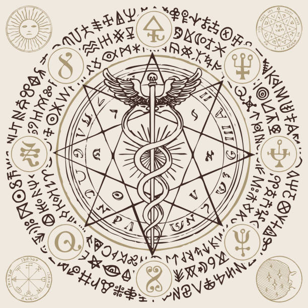 banner with the Hermes staff, caduceus and runes Vector banner with a hand drawn illustration of a Caduceus with an octagonal star. The staff of Hermes with two snakes with wings, esoteric signs and magic runes written in a circle. Medical symbol caduceus medical symbol backgrounds stock illustrations