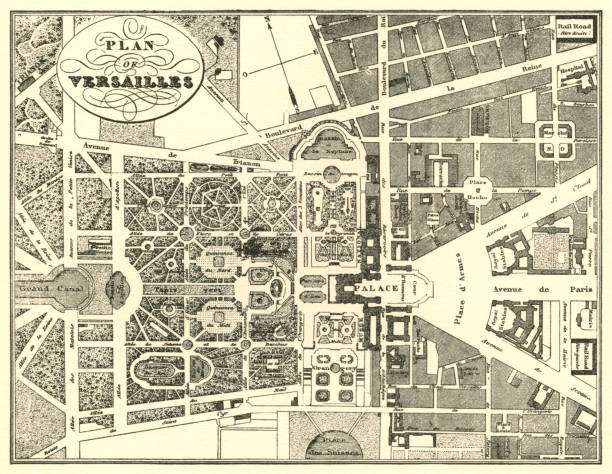 프랑스 베르사유 궁전의 19세기 정원 계획 - boulevard stock illustrations