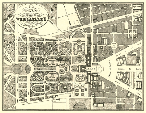 A 19th century plan of the gardens at the Palace of Versailles, near Paris, France. The Palace of Versailles was the main royal residence from 1682 until the start of the French Revolution in 1789. It is now a UNESCO World Heritage site. From “Young Americans Abroad - Being a Family Flight by four young people and their parents through France and Germany” by Edward Everett Hale and Susan Hale. Published by Lothrop Publishing Company, Boston, Massachusetts, 1898.