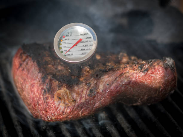 ferme-fond isolé d’un délicieux boeuf picanha pain de viande rôtissant sur un gril chaud avec une jauge de température- israel - thermometer cooking meat gauge photos et images de collection