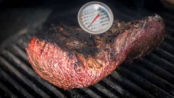 ferme-fond isolé d’un délicieux boeuf picanha pain de viande rôtissant sur un gril chaud avec une jauge de température- israel - thermometer cooking meat gauge photos et images de collection