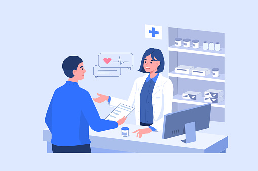 Man Customer Standing near Cashier Desk and Holding Medical Prescription. Doctor Pharmacist Consulting Patient in Pharmacy Store. Pharmaceutical Industry.  Flat Cartoon Vector Illustration.